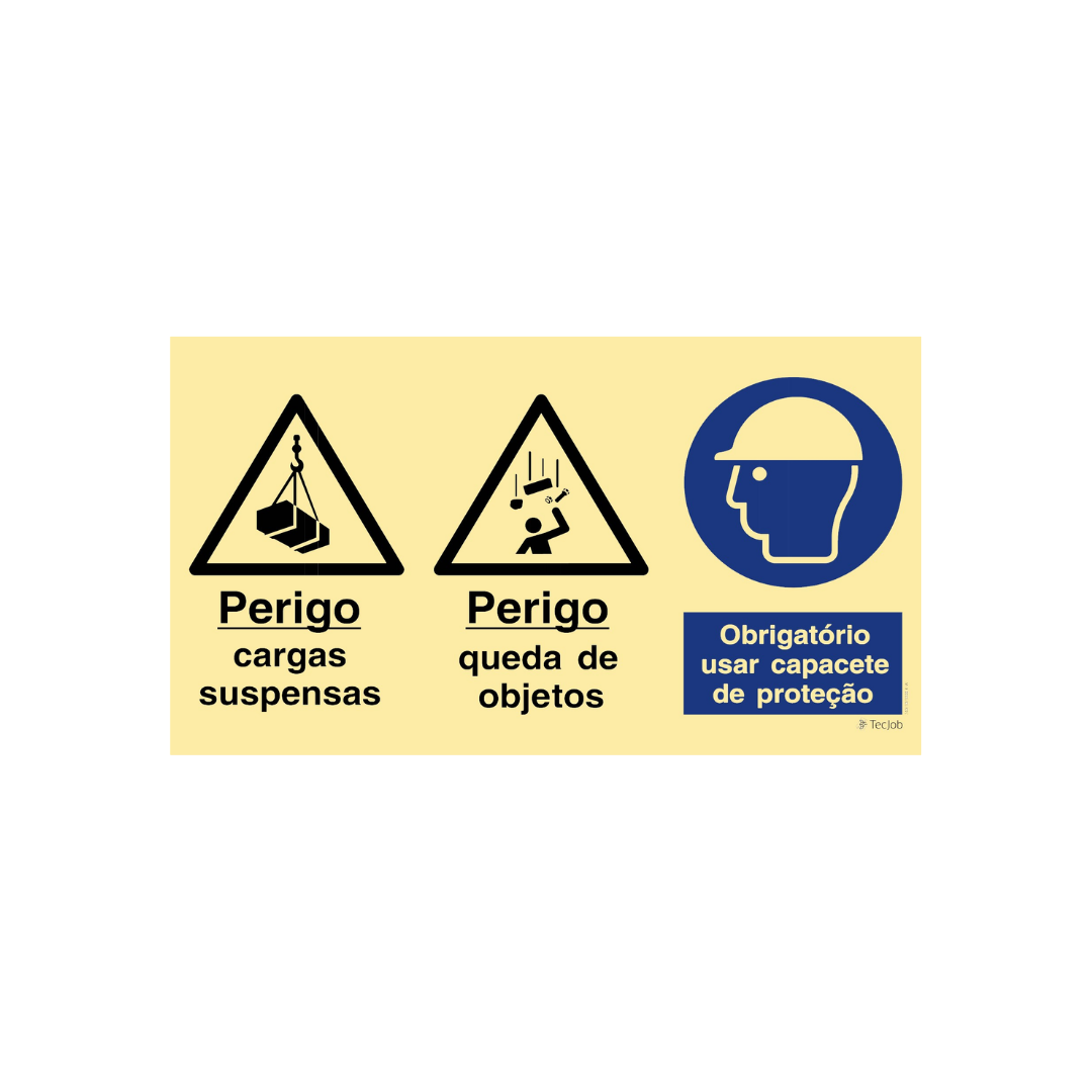Sinalética Perigo Cargas Suspensas/Perigo Queda de objetos/ Uso Obrigatório de Capacete de Proteção – OB0401