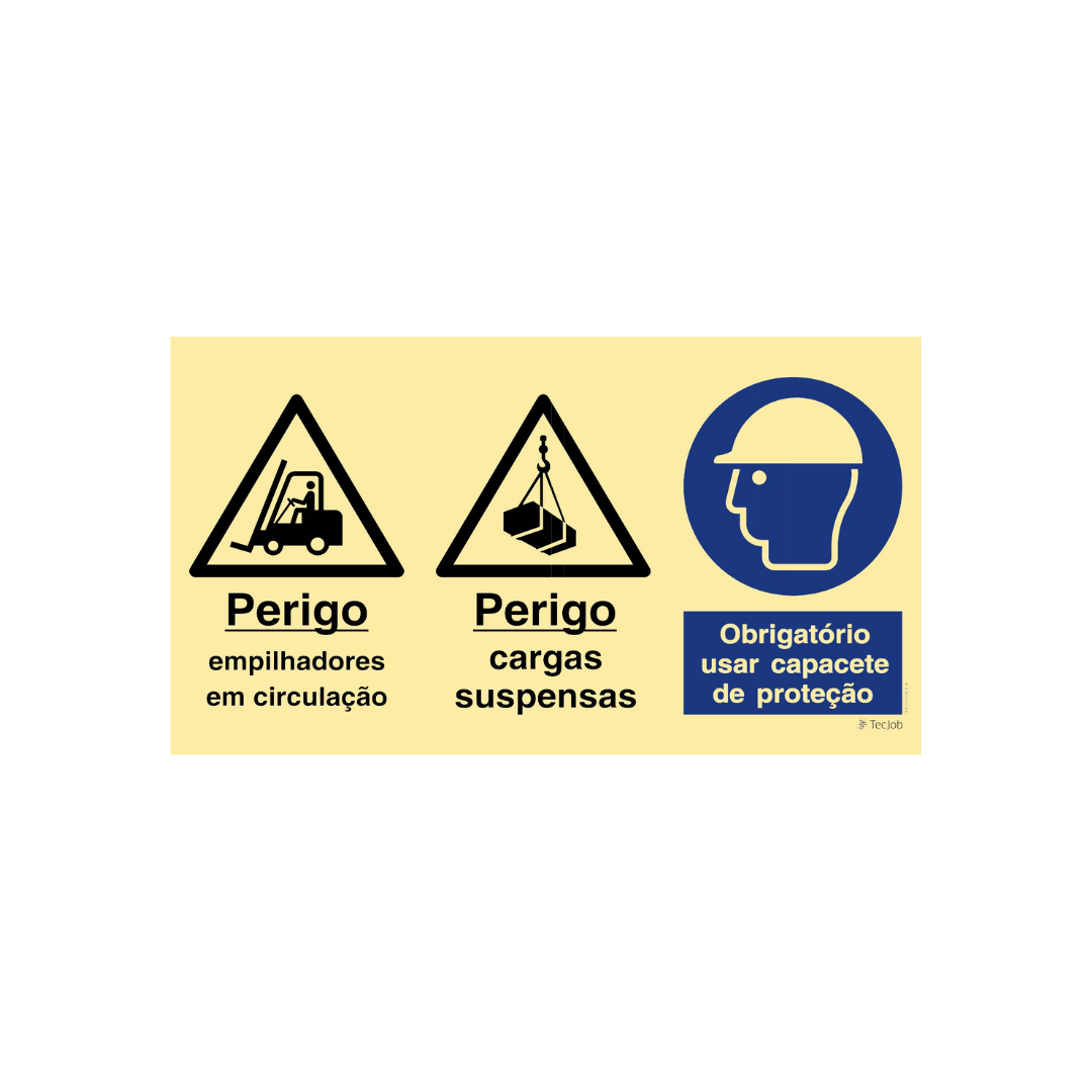 Sinalética Perigo Empilhadores em Circulação/Perigo Cargas Suspensas/Uso Obrigatório de Capacete de Proteção – OB0400