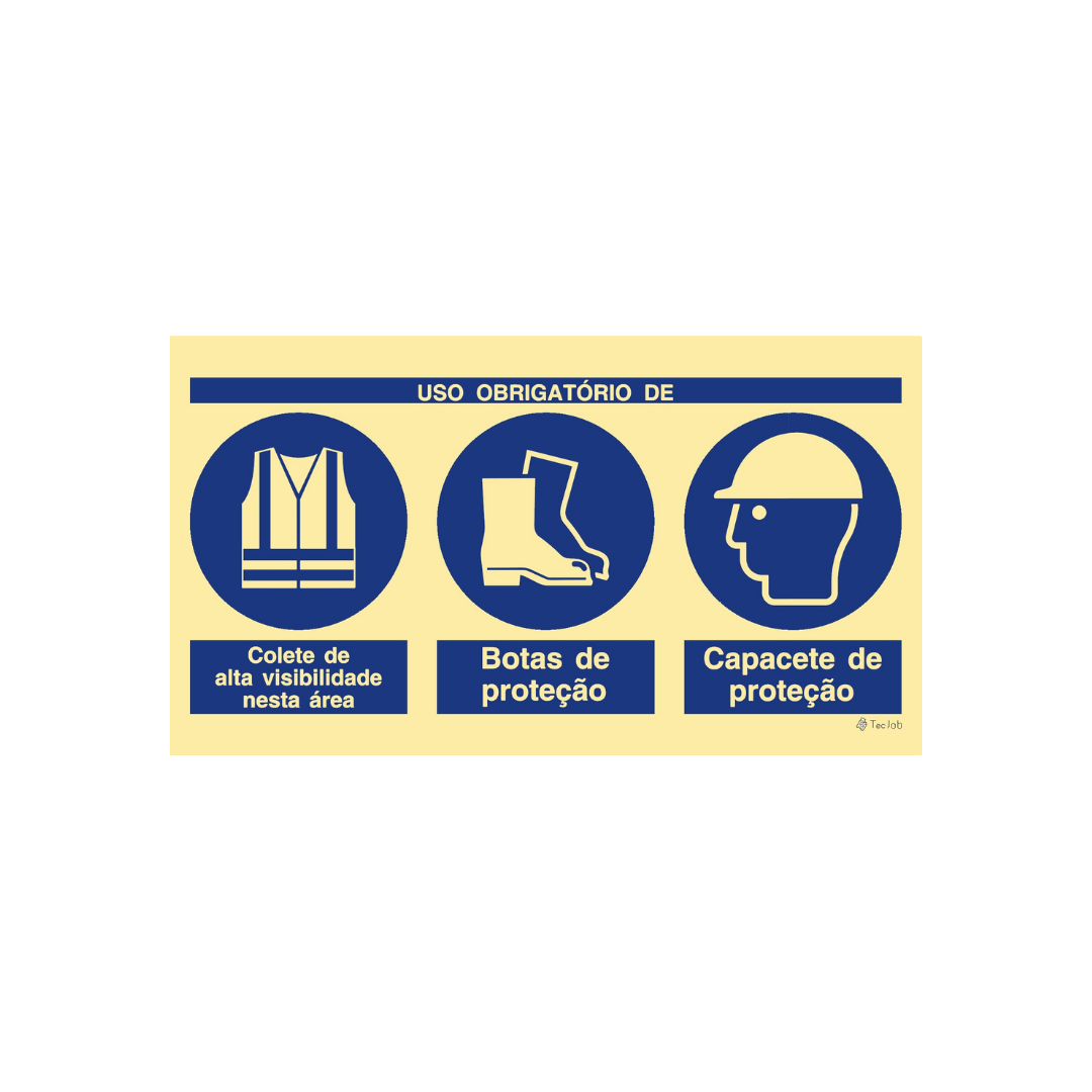 Sinalética Uso Obrigatório de Colete de Alta Visibilidade, Botas e Capacete de Proteção – OB0424